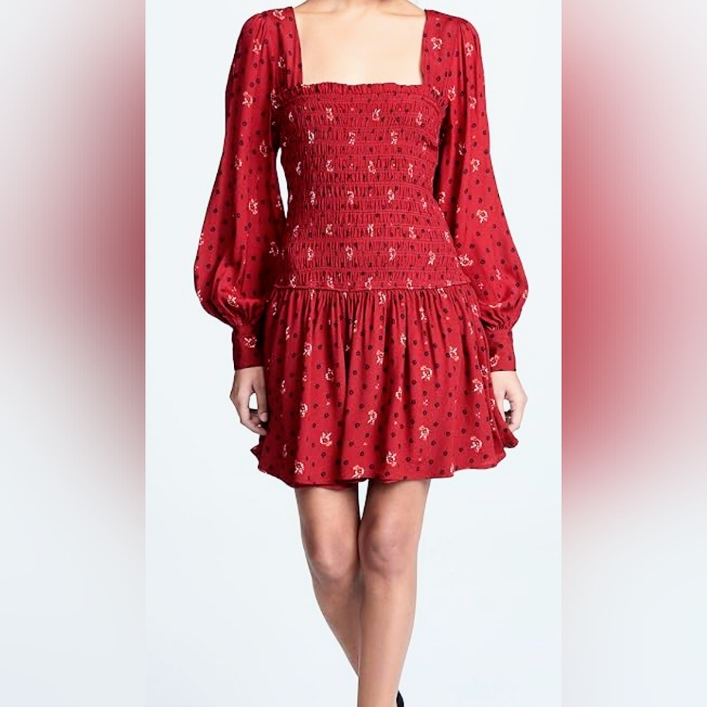 Free People Dress S Red Romantic Mini Cute puff L/S Flirty Boho Floral Stretchy